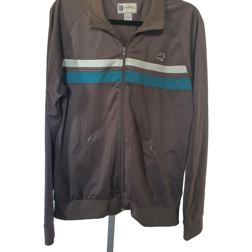 Fossil Brand Jeans Mens Track Jacket Brown Teal Stripe Bear Logo Full Zip Large